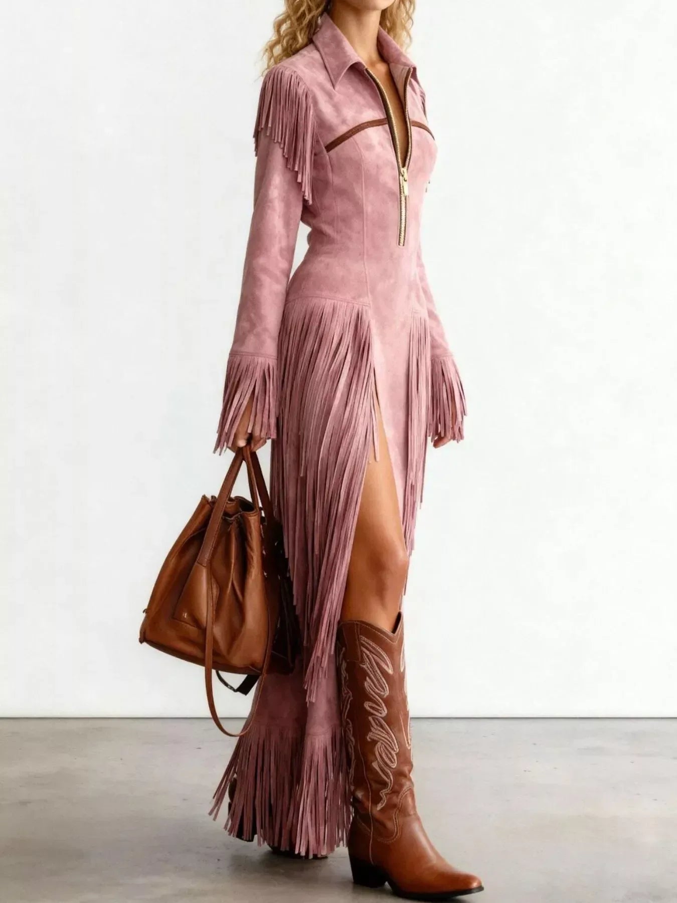 Fringed Suede Slit Dress - Trendsi - Flyclothing LLC