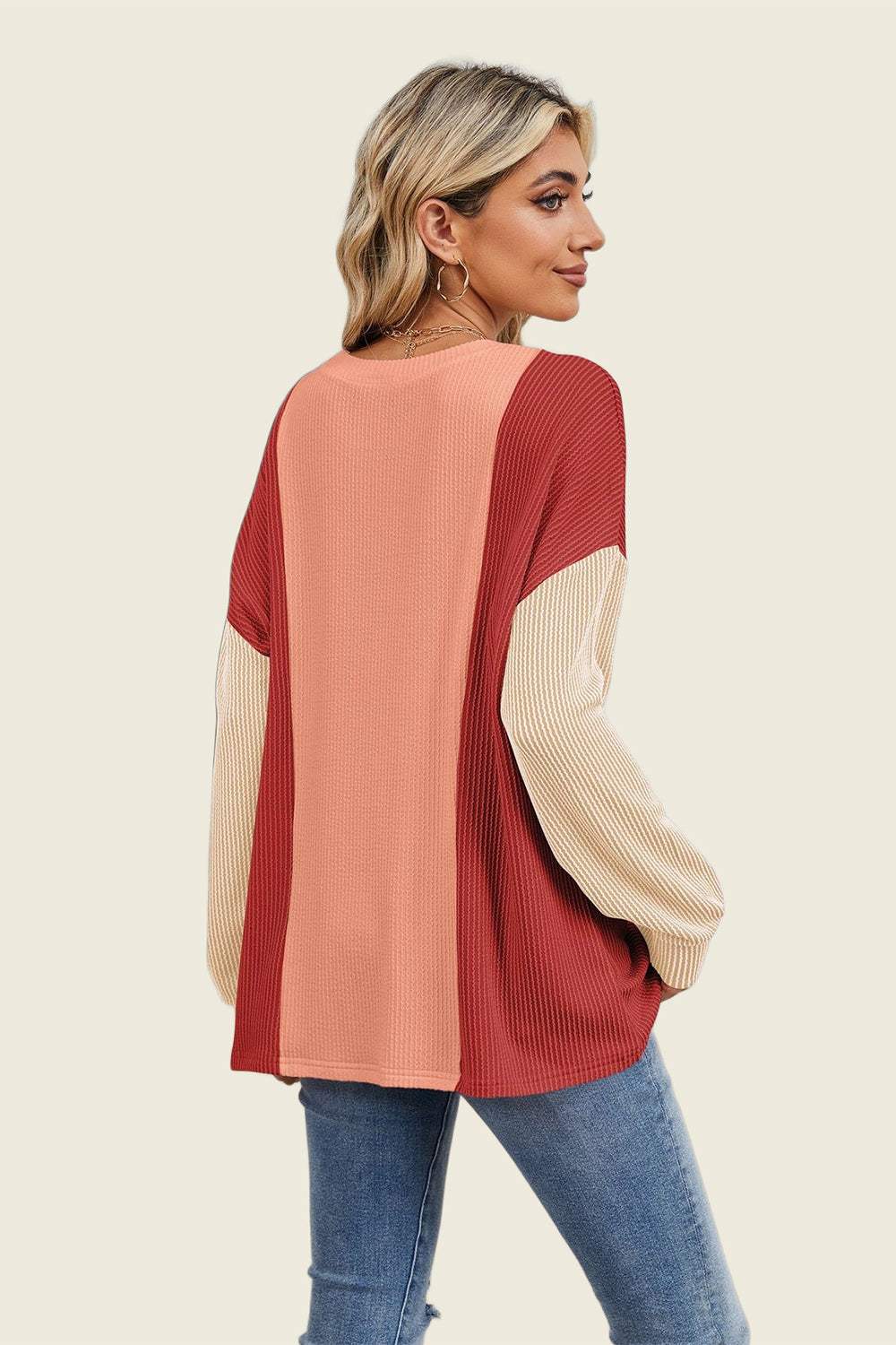 Double Take Texture Contrast Round Neck Long Sleeve T-Shirt - Trendsi - Flyclothing LLC