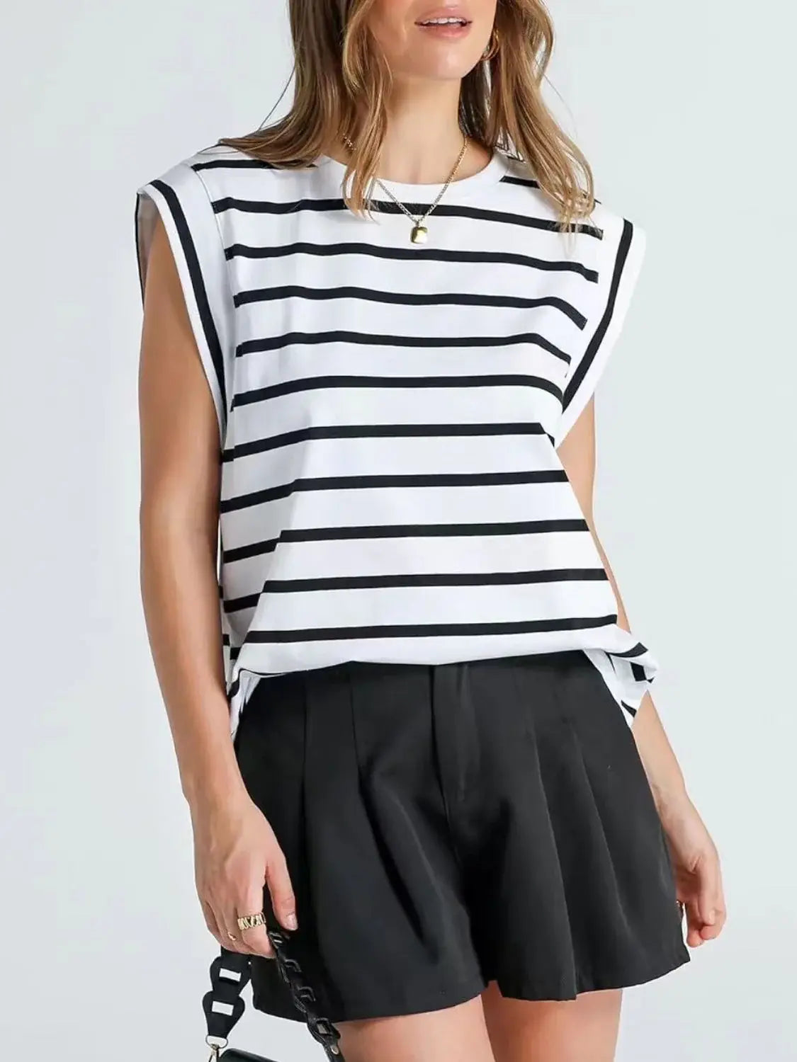 Florira Striped Round Neck Cap Sleeve T-Shirt - Trendsi - Flyclothing LLC