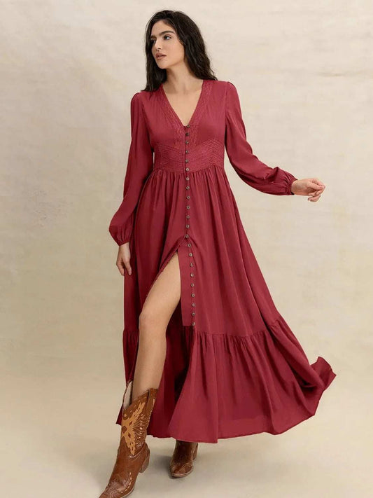 V-Neck Balloon Sleeve Ruffled Hem Maxi Dress - Trendsi - Flyclothing LLC