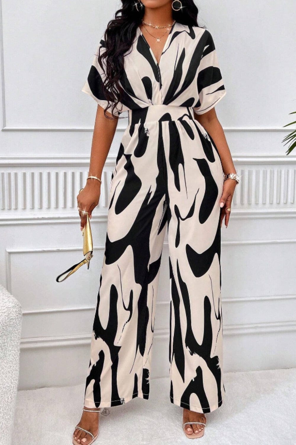 Printed V-Neck Short Sleeve Wide Leg Jumpsuit - Trendsi