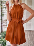 Pleated Tie Waist Sleeveless Mini Dress - Trendsi