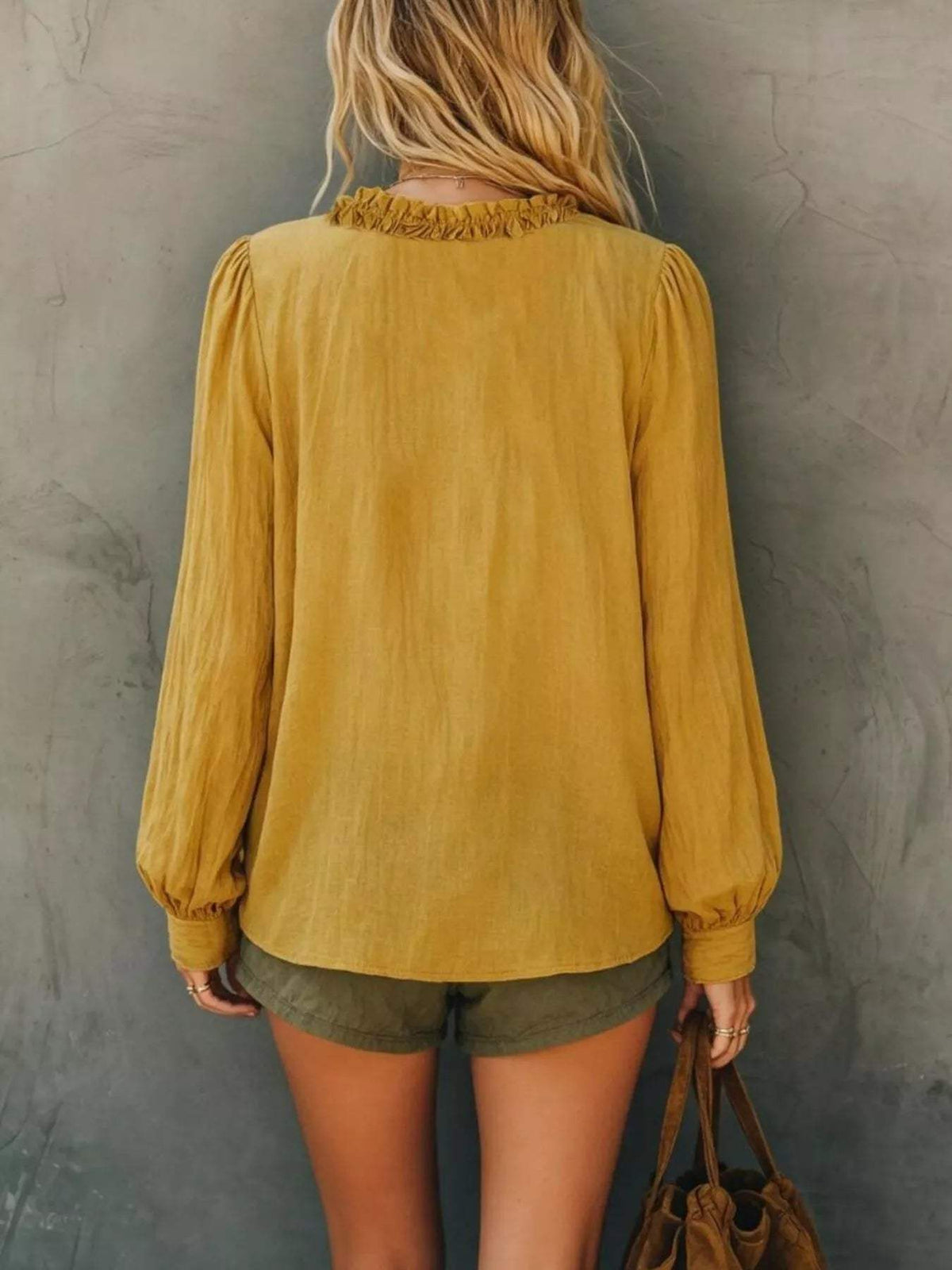 Frill V-Neck Long Sleeve Blouse - Trendsi - Flyclothing LLC