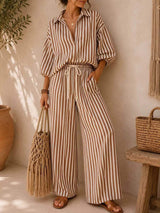 Full Size Striped Puff Sleeve Shirt and Wide-Leg Drawstring Pants Set Plus Size - Trendsi - Flyclothing LLC