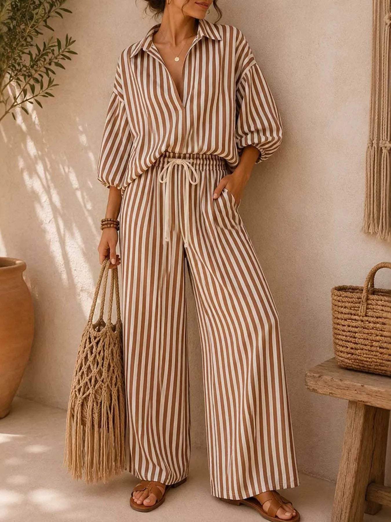 Full Size Striped Puff Sleeve Shirt and Wide-Leg Drawstring Pants Set Plus Size - Trendsi - Flyclothing LLC