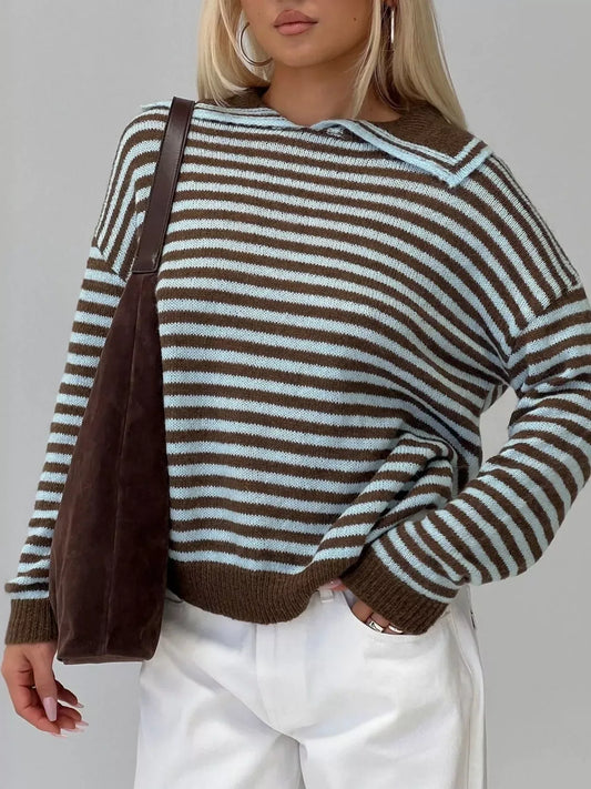 Striped Knit Dropped Shoulder Sweater - Trendsi - Flyclothing LLC
