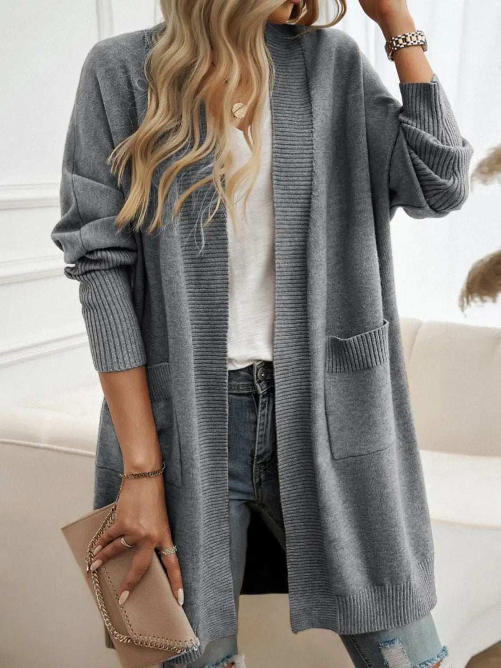 Devine Open Front Long Sleeve Cardigan - Trendsi - Flyclothing LLC