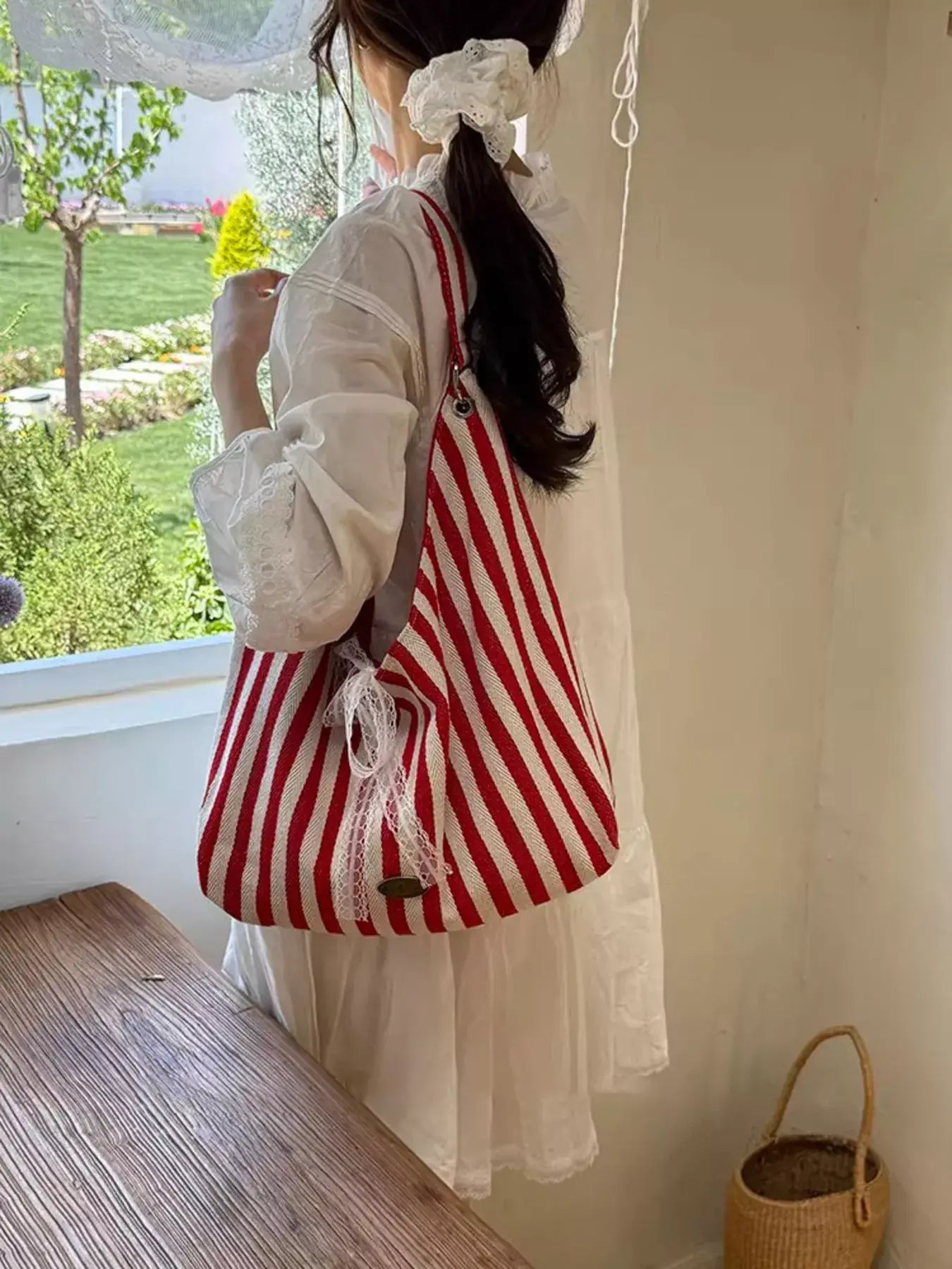 Striped Canvas Tote Bag - Trendsi - Flyclothing LLC