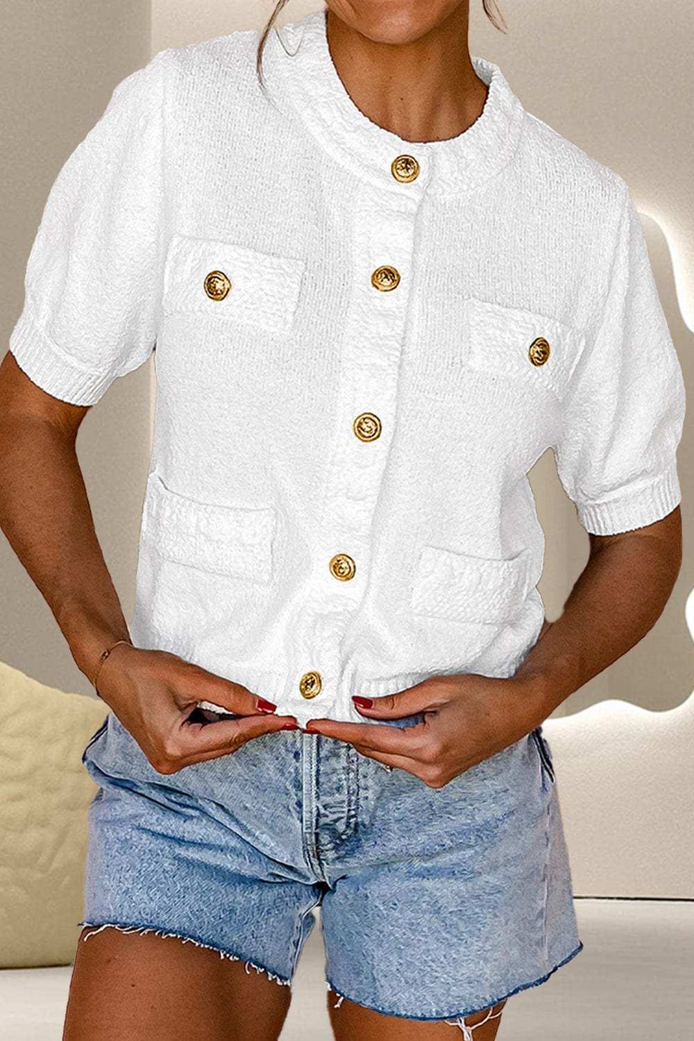 Button Up Round Neck Short Sleeve Knit Top - Trendsi - Flyclothing LLC