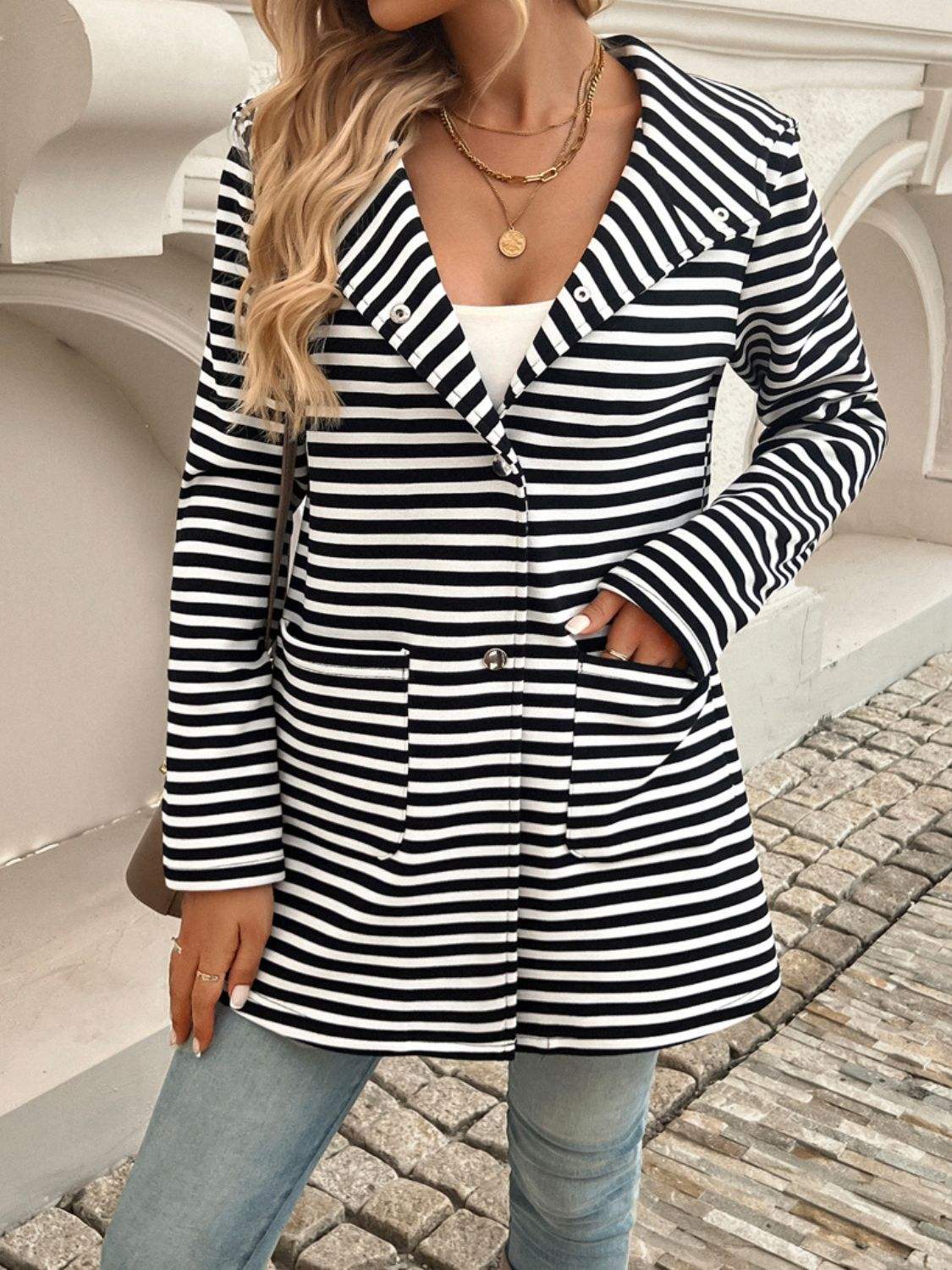Devine Striped Long Sleeve Hooded Outerwear - Trendsi - Flyclothing LLC