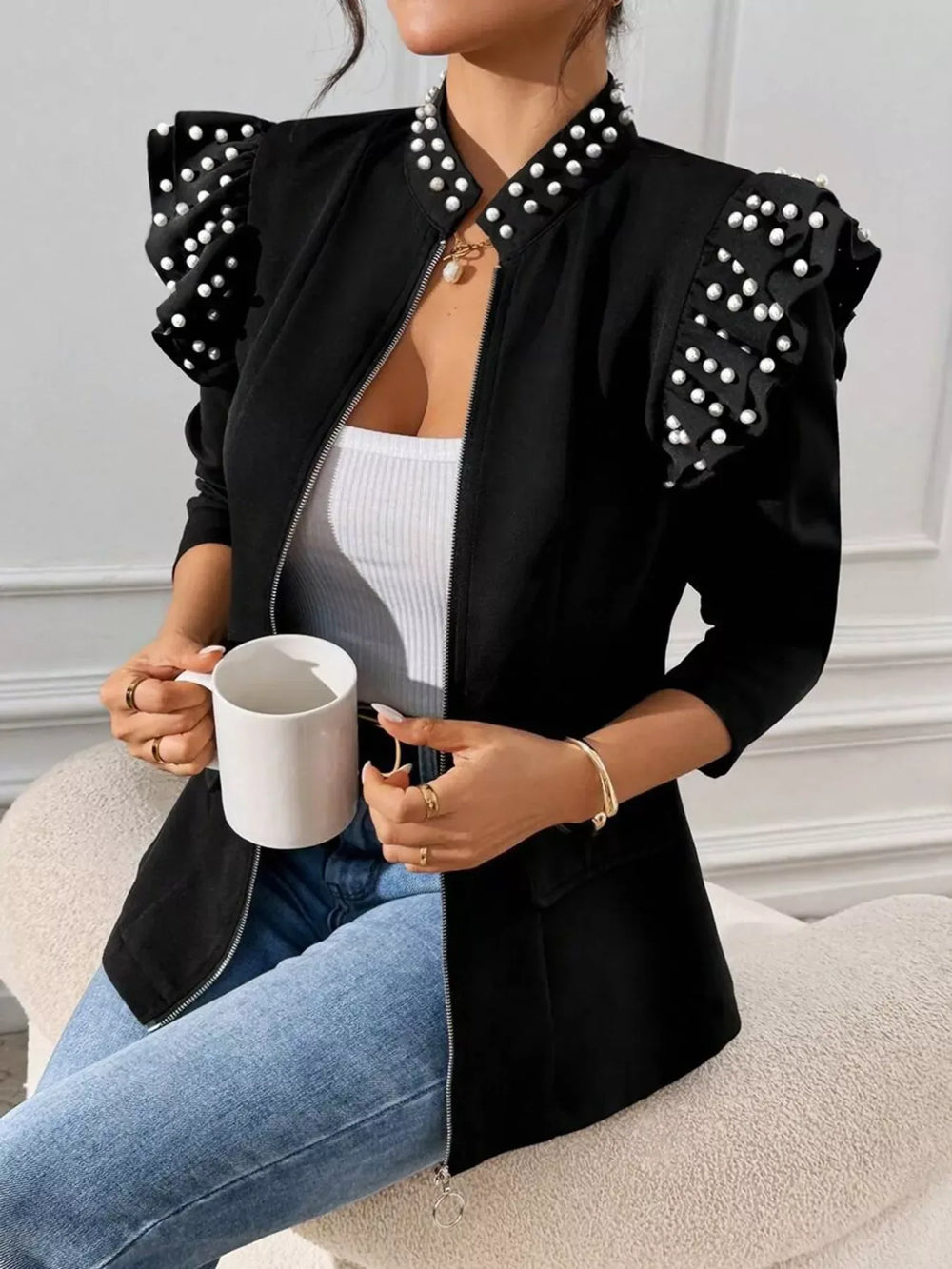 Pearl Embellished Shoulder Zip Up Jacket - Trendsi - Flyclothing LLC