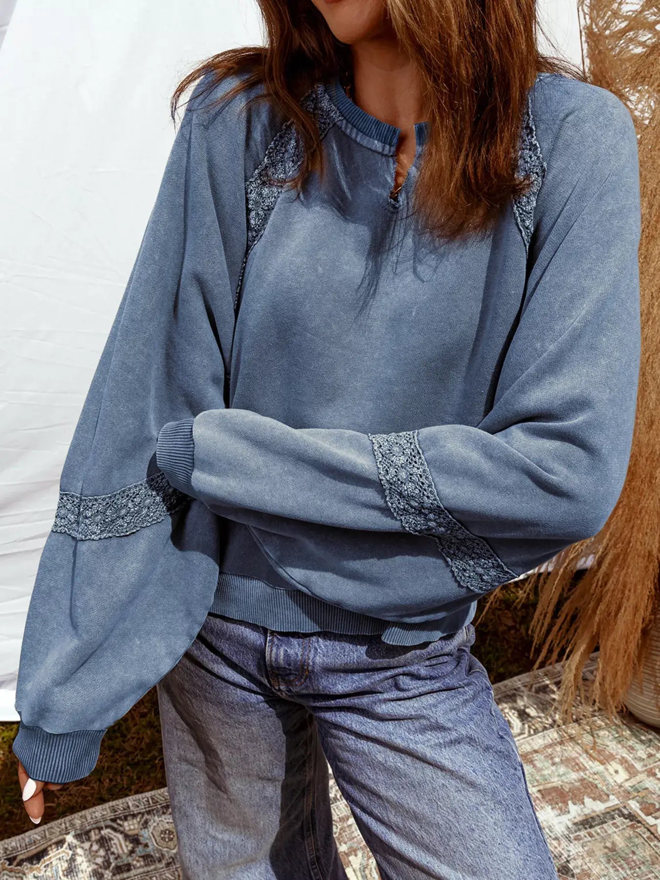 Lace Patchwork Detail Notched Neck Mineral Wash Baggy Sweatshirt - Trendsi - Flyclothing LLC