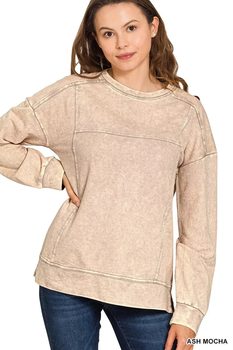 Zenana Acid Wash French Terry Exposed-Seam Pullover - Trendsi - Flyclothing LLC