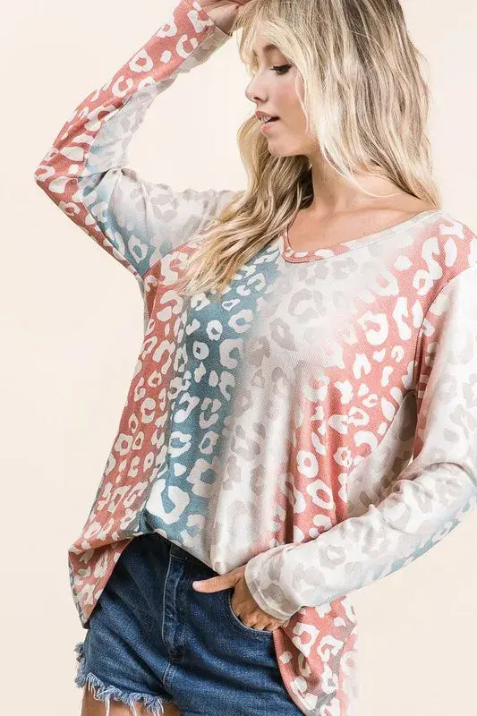 BiBi Gradation Leopard Print Textured Knit Top - Trendsi - Flyclothing LLC
