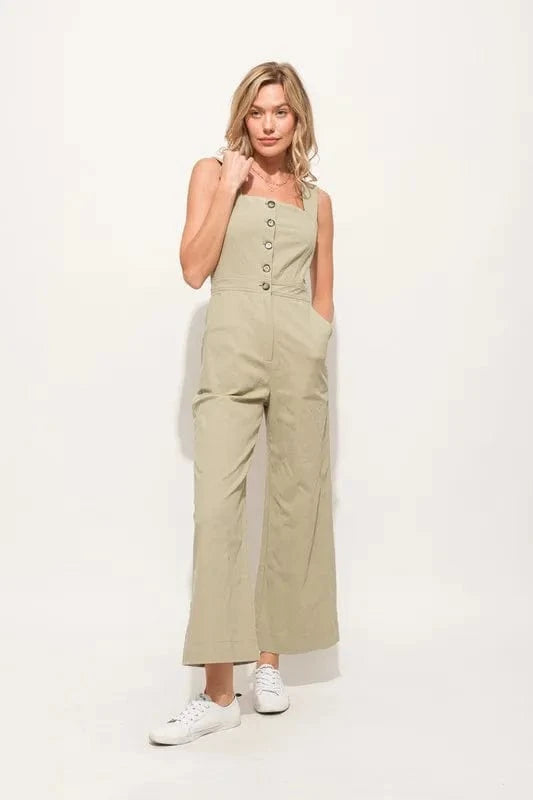 And The Why Square Neck Button Down Cropped Wide Leg Jumpsuit - Trendsi