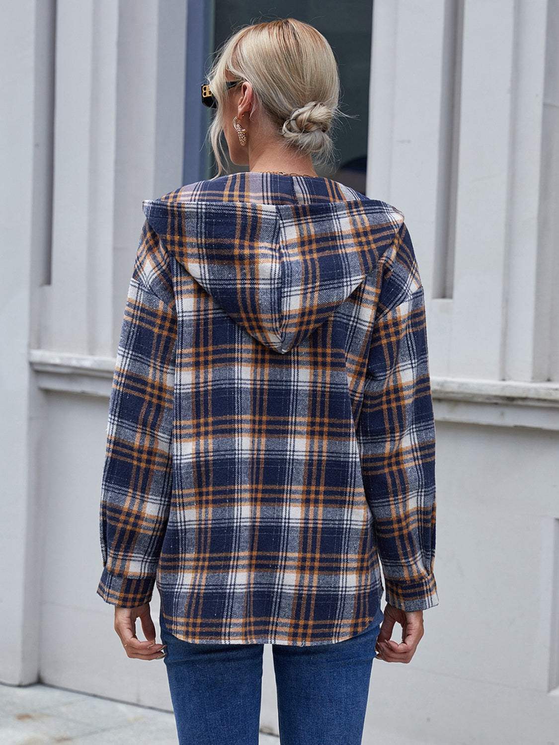 Plaid Button Up Long Sleeve Hooded Jacket - Trendsi - Flyclothing LLC