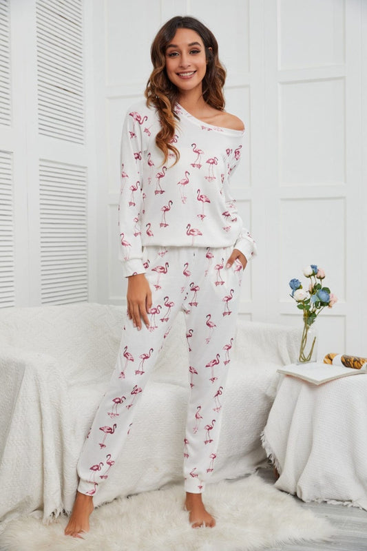 Flamingo Long Sleeve Top and Pants Lounge Set - Trendsi