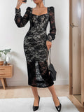 Perfee Lace Sweetheart Neck Long Sleeve Midi Dress - Trendsi
