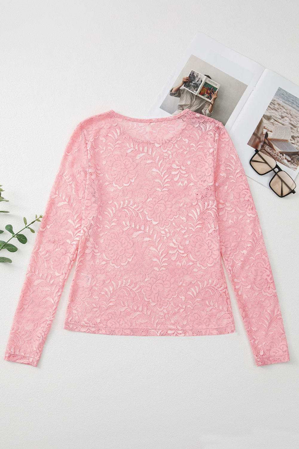 Lace Flower Round Neck Long Sleeve Top - Trendsi - Flyclothing LLC