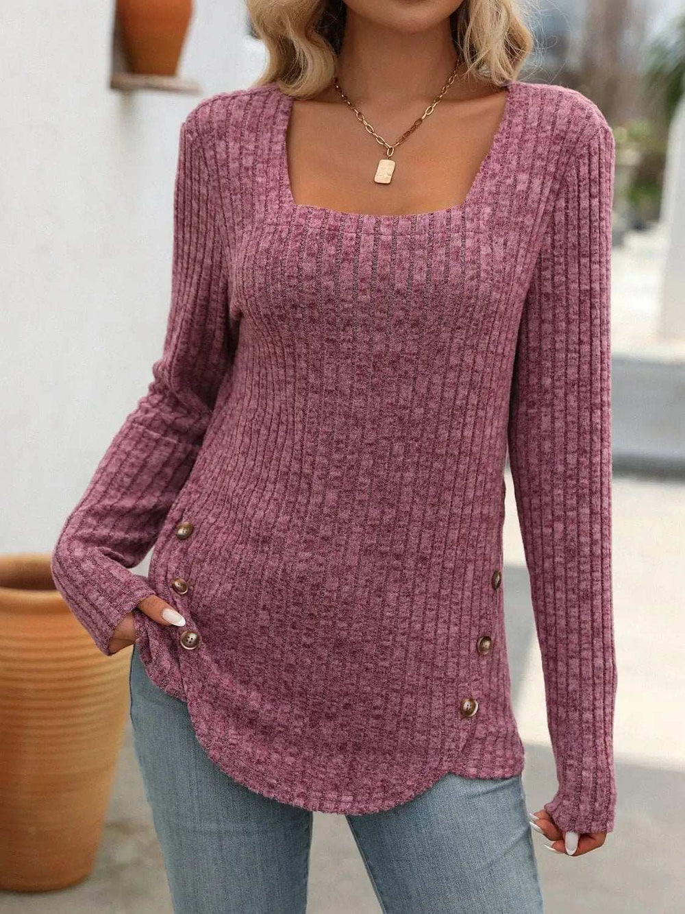 Square Neck Long Sleeve T-Shirt - Trendsi - Flyclothing LLC