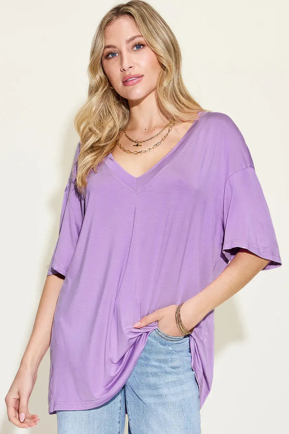 Basic Bae Full Size Bamboo V-Neck Drop Shoulder T-Shirt - ShopBasicbae - Flyclothing LLC