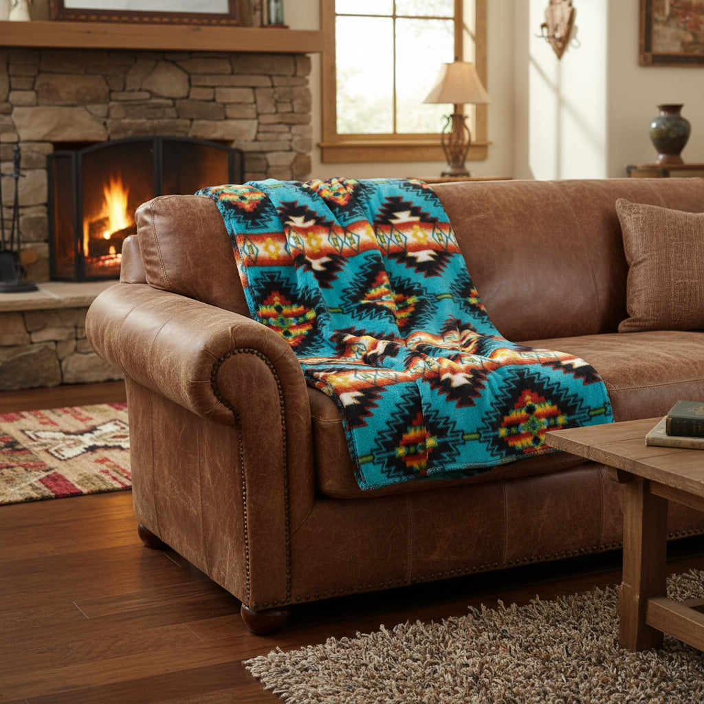 Rockmount Ranch Wear Native Pattern Fleece Western Blanket in Turquoise & Brown - Rockmount Clothing - Flyclothing LLC