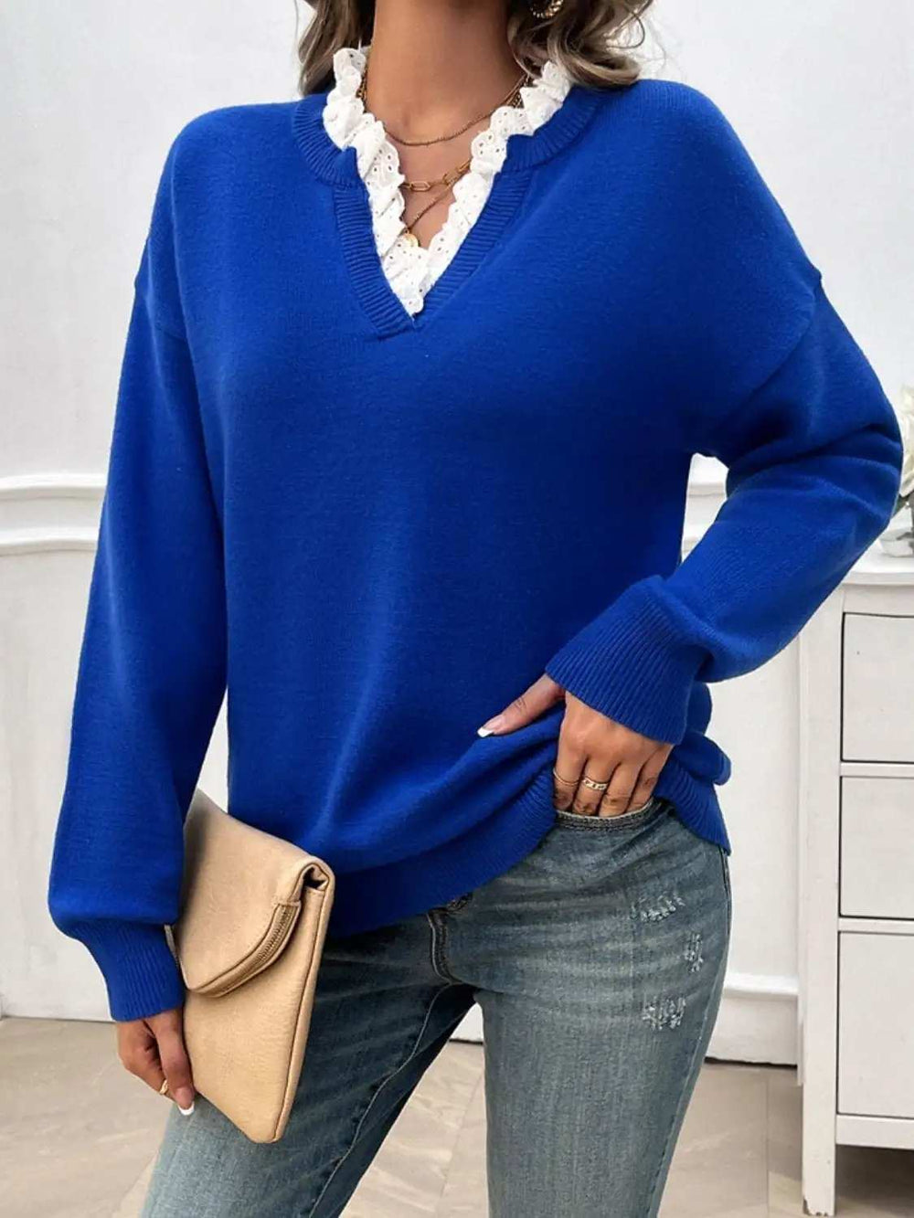 Lace Detail Notched Long Sleeve Sweater - Trendsi - Flyclothing LLC