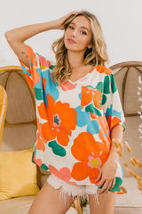 BiBi Floral V Neck Slit Side T-Shirt - Trendsi - Flyclothing LLC