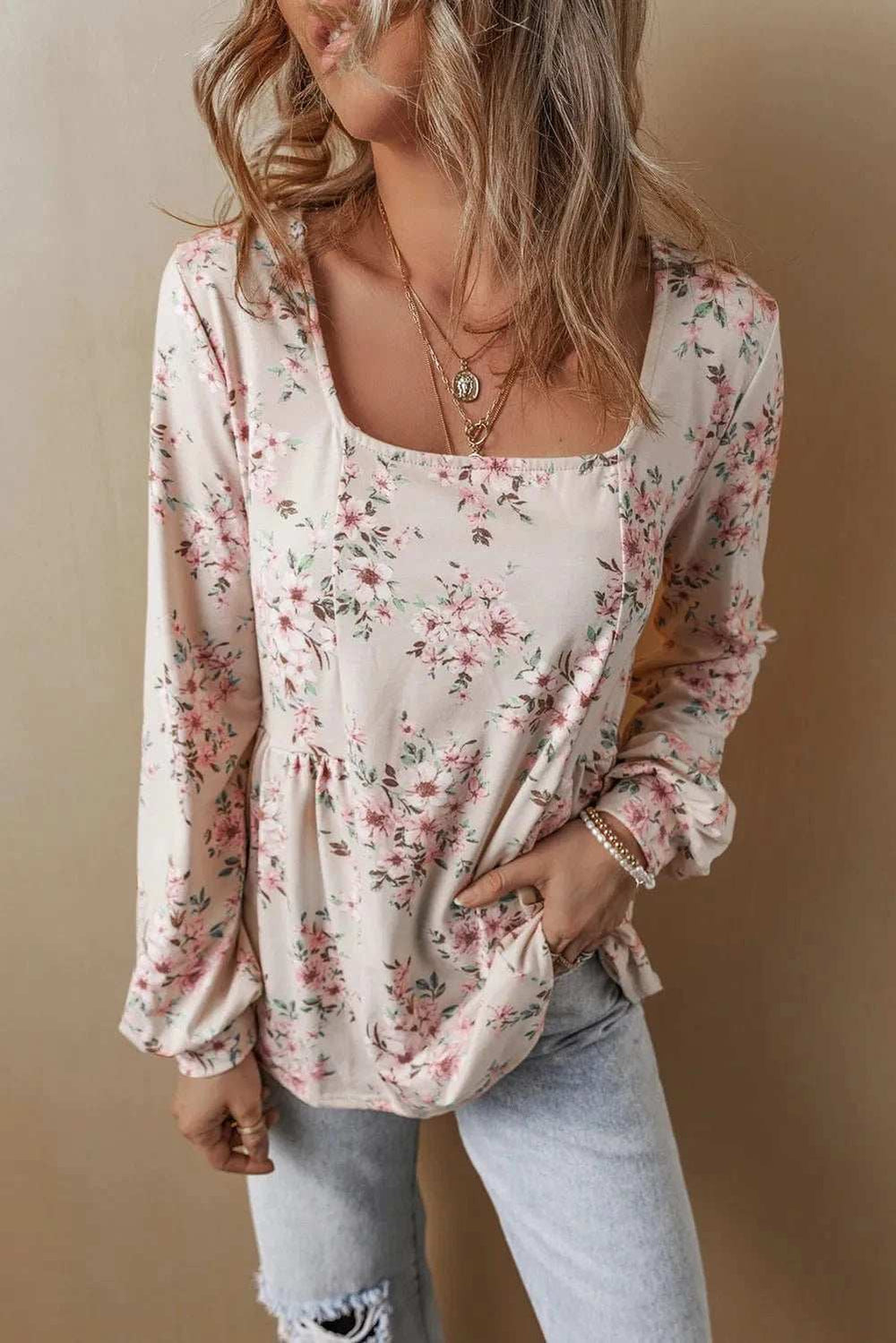 Printed Square Neck Long Sleeve Blouse - Trendsi - Flyclothing LLC