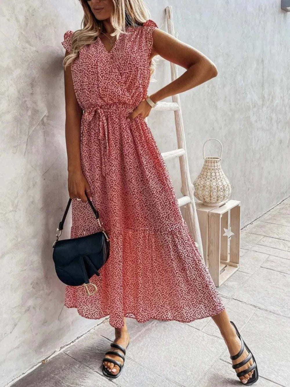 Ruffled Surplice Printed Cap Sleeve Dress - Trendsi - Flyclothing LLC