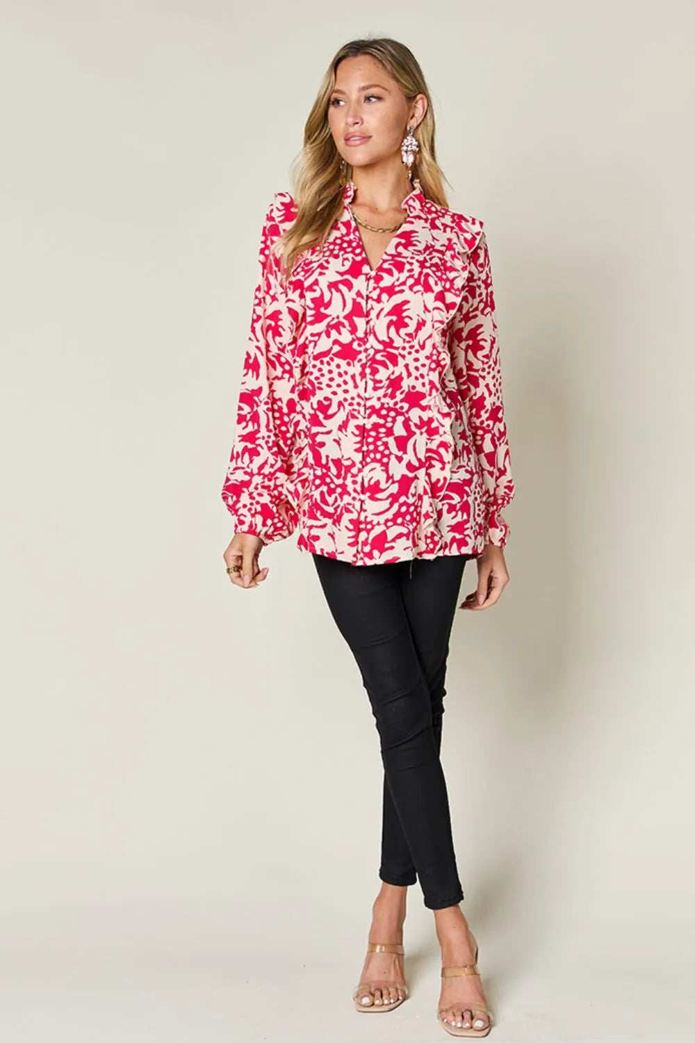 Double Take Full Size Printed Ruffle Trim Balloon Sleeve Shirt - Trendsi - Flyclothing LLC