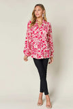 Double Take Full Size Printed Ruffle Trim Balloon Sleeve Shirt - Trendsi - Flyclothing LLC
