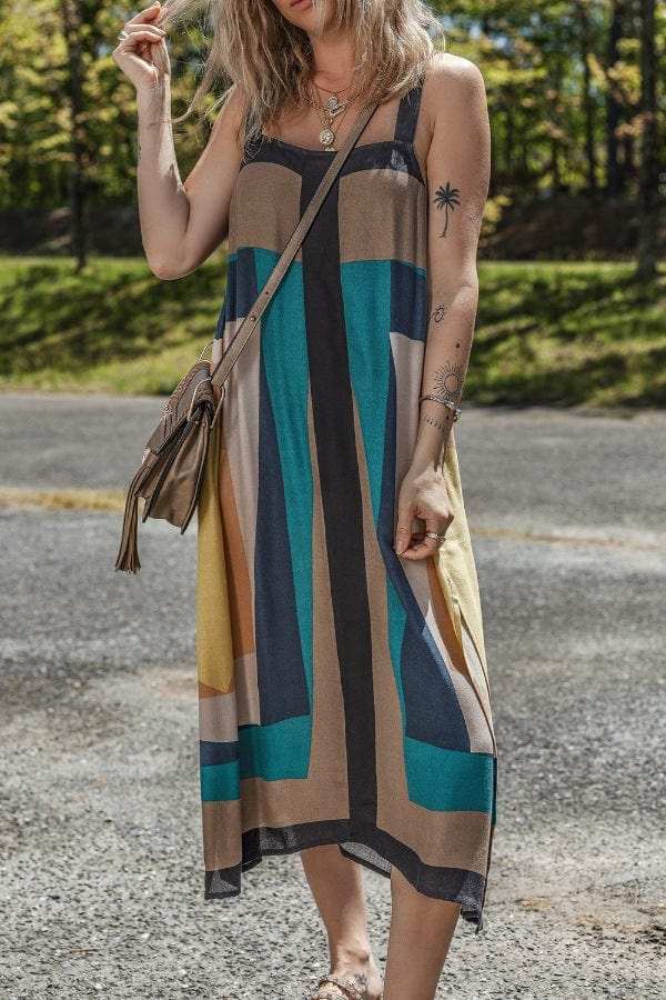 Color Block Square Neck Wide Strap Dress - Trendsi - Flyclothing LLC