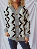 Contrast Trim Geometric V-Neck Long Sleeve Cardigan - Trendsi - Flyclothing LLC