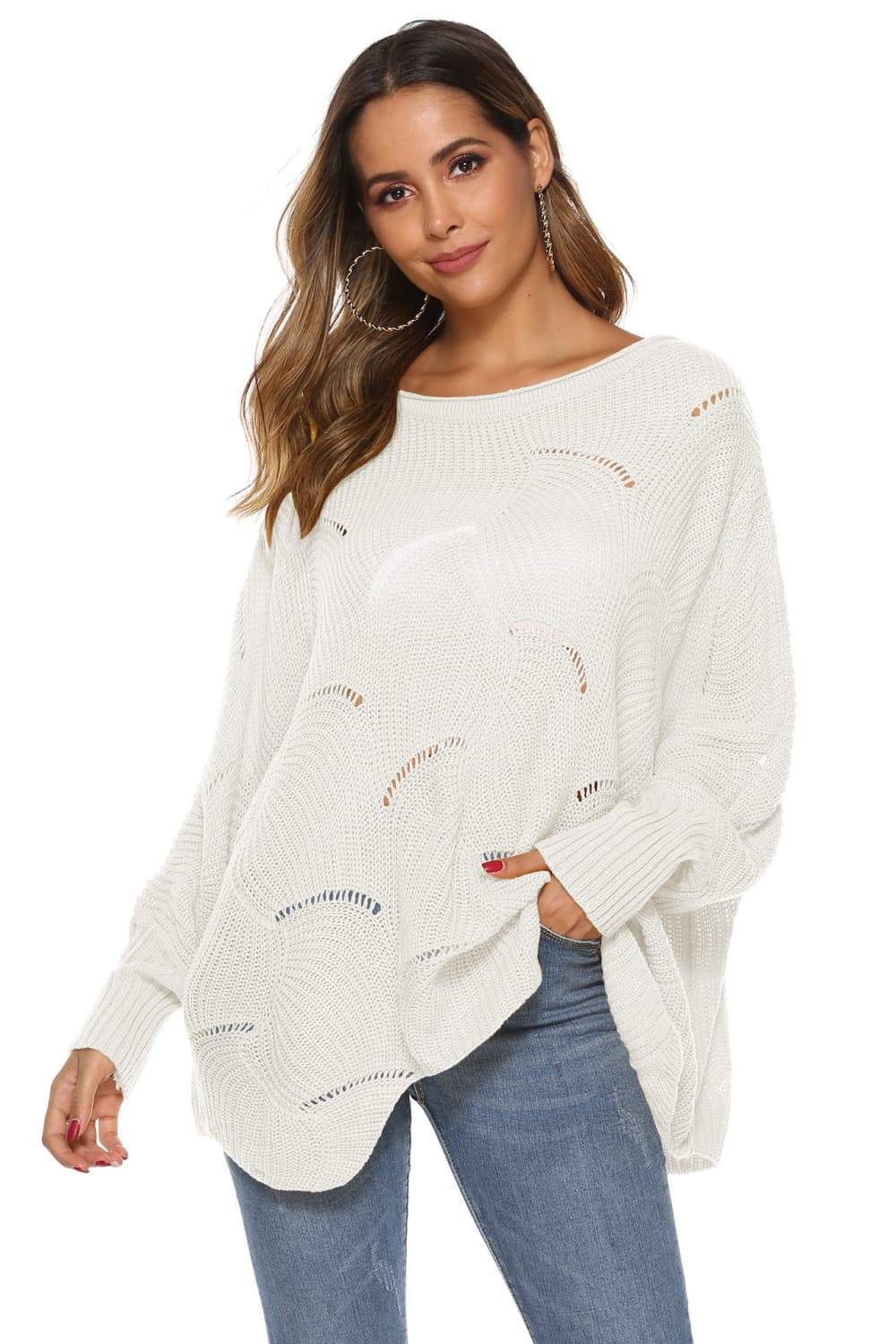 Round Neck Long Sleeve Openwork Sweater - Trendsi - Flyclothing LLC