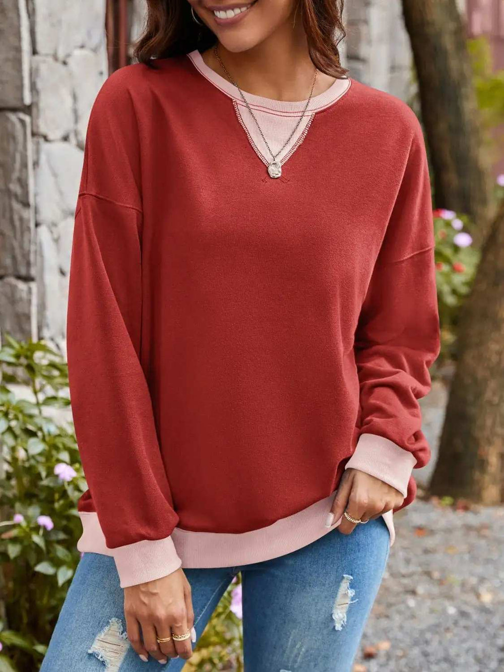 Contrast Round Neck Long Sleeve Sweatshirt - Trendsi - Flyclothing LLC