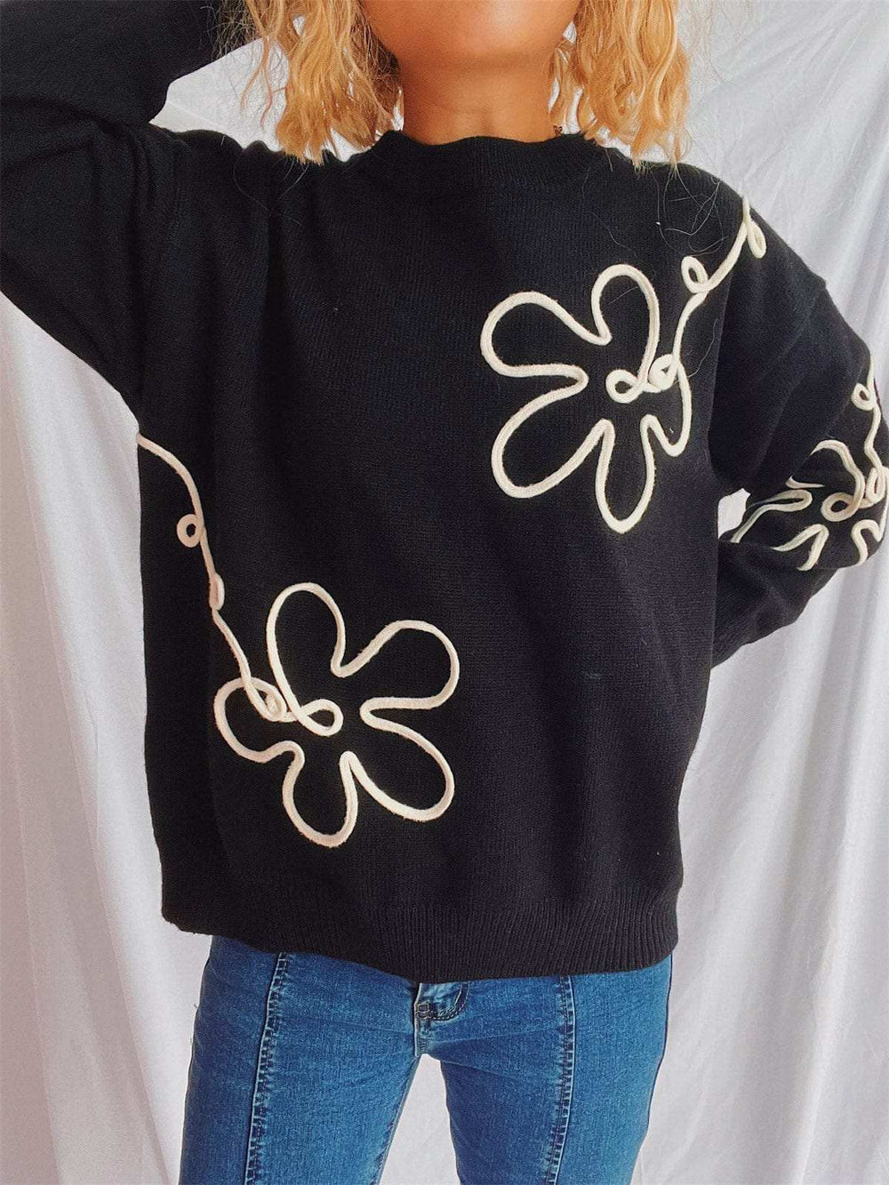 Flower Round Neck Long Sleeve Sweater - Trendsi - Flyclothing LLC