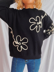 Flower Round Neck Long Sleeve Sweater - Trendsi