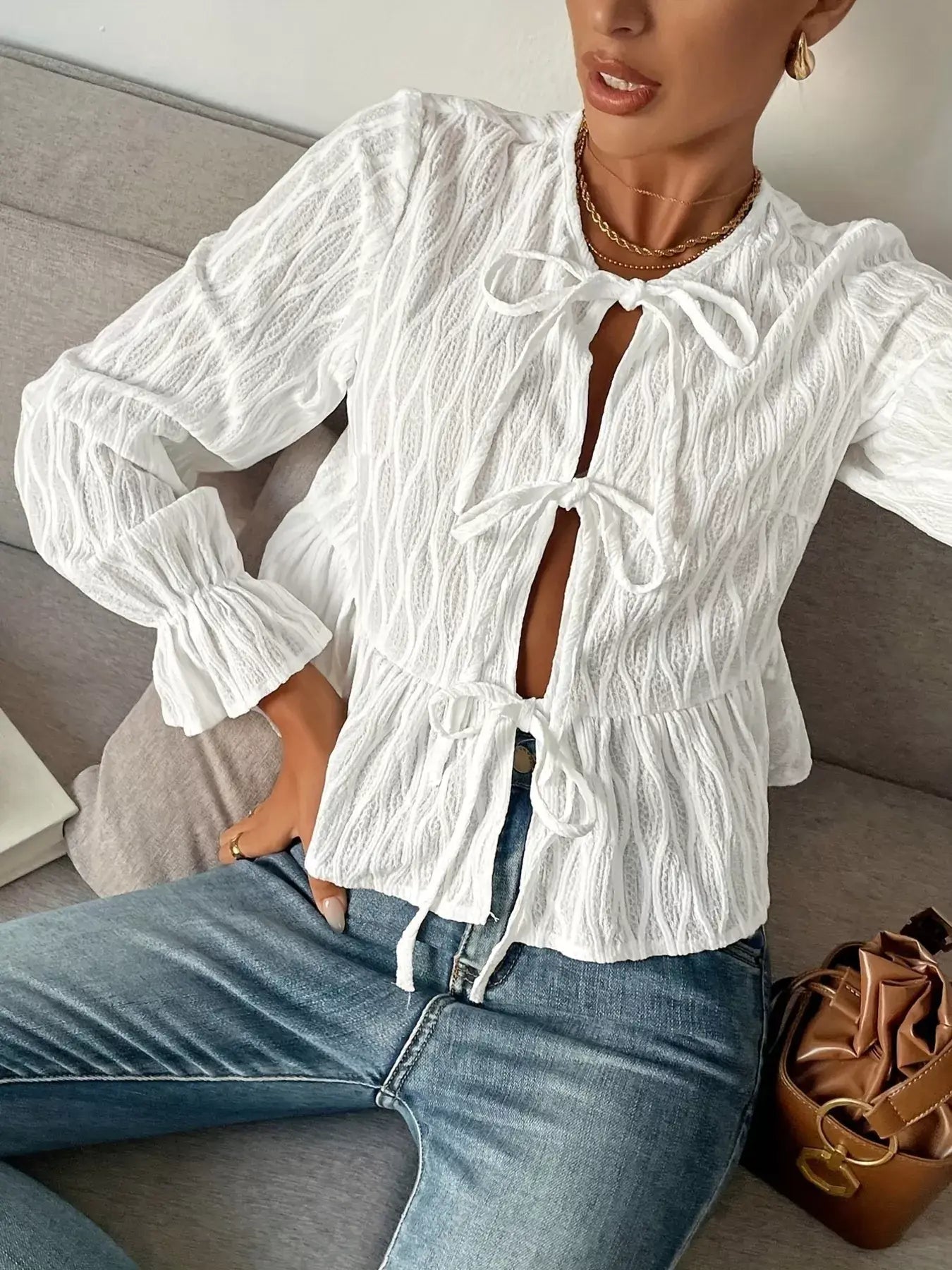 Tie Front Flounce Sleeve Blouse - Trendsi - Flyclothing LLC