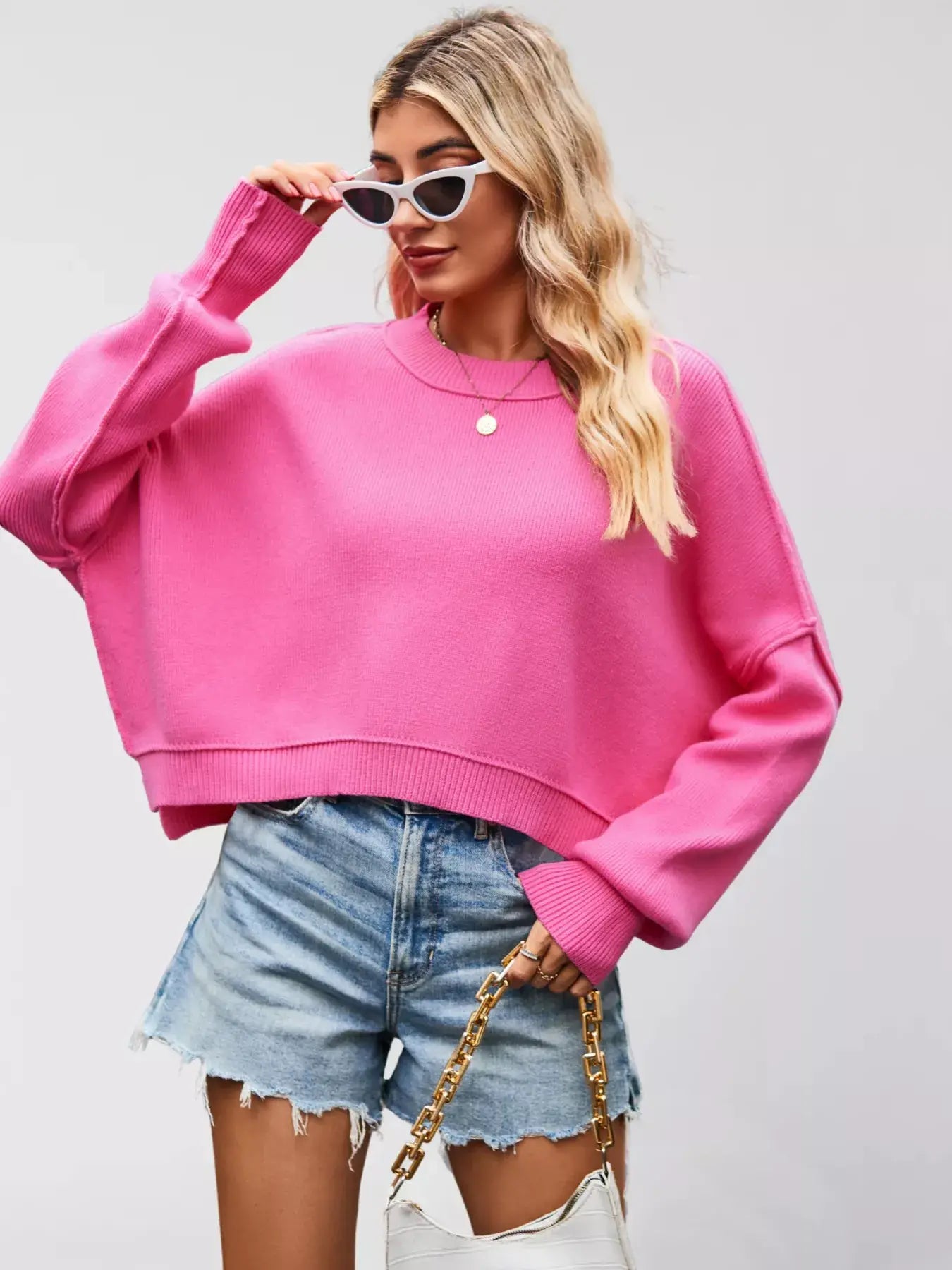 Round Neck Dropped Shoulder Sweater - Trendsi - Flyclothing LLC