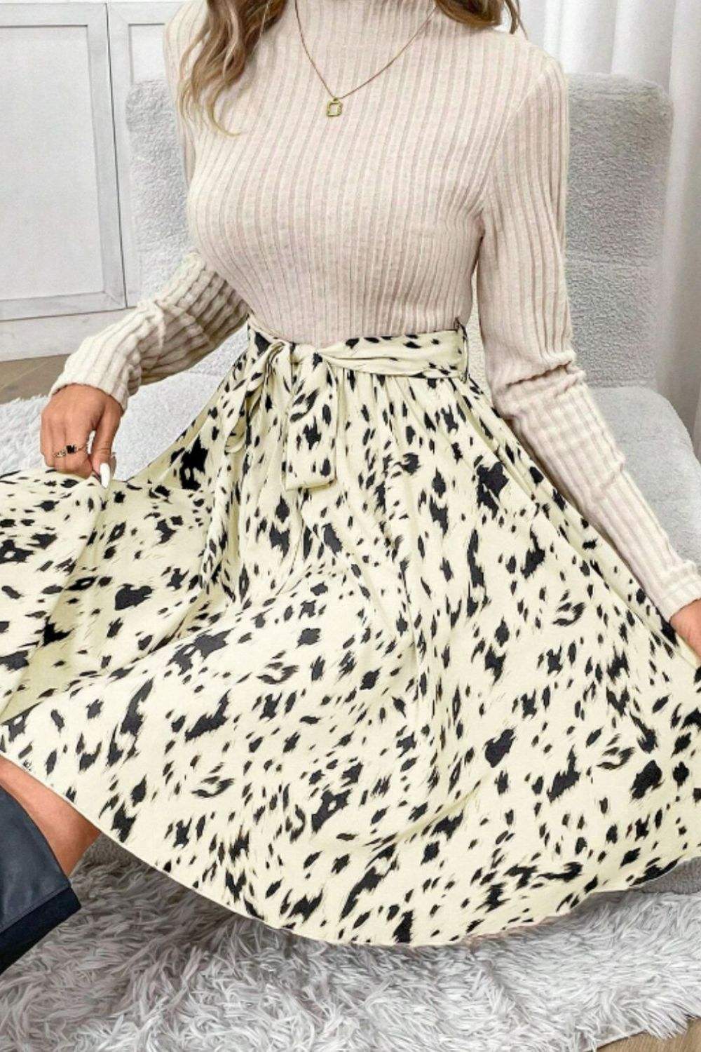 Printed Tie Waist Mock Neck Long Sleeve Dress - Trendsi - Flyclothing LLC