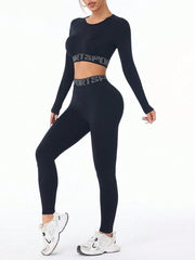 Letter Print Round Neck Long Sleeve Top and Leggings Active Set - Trendsi