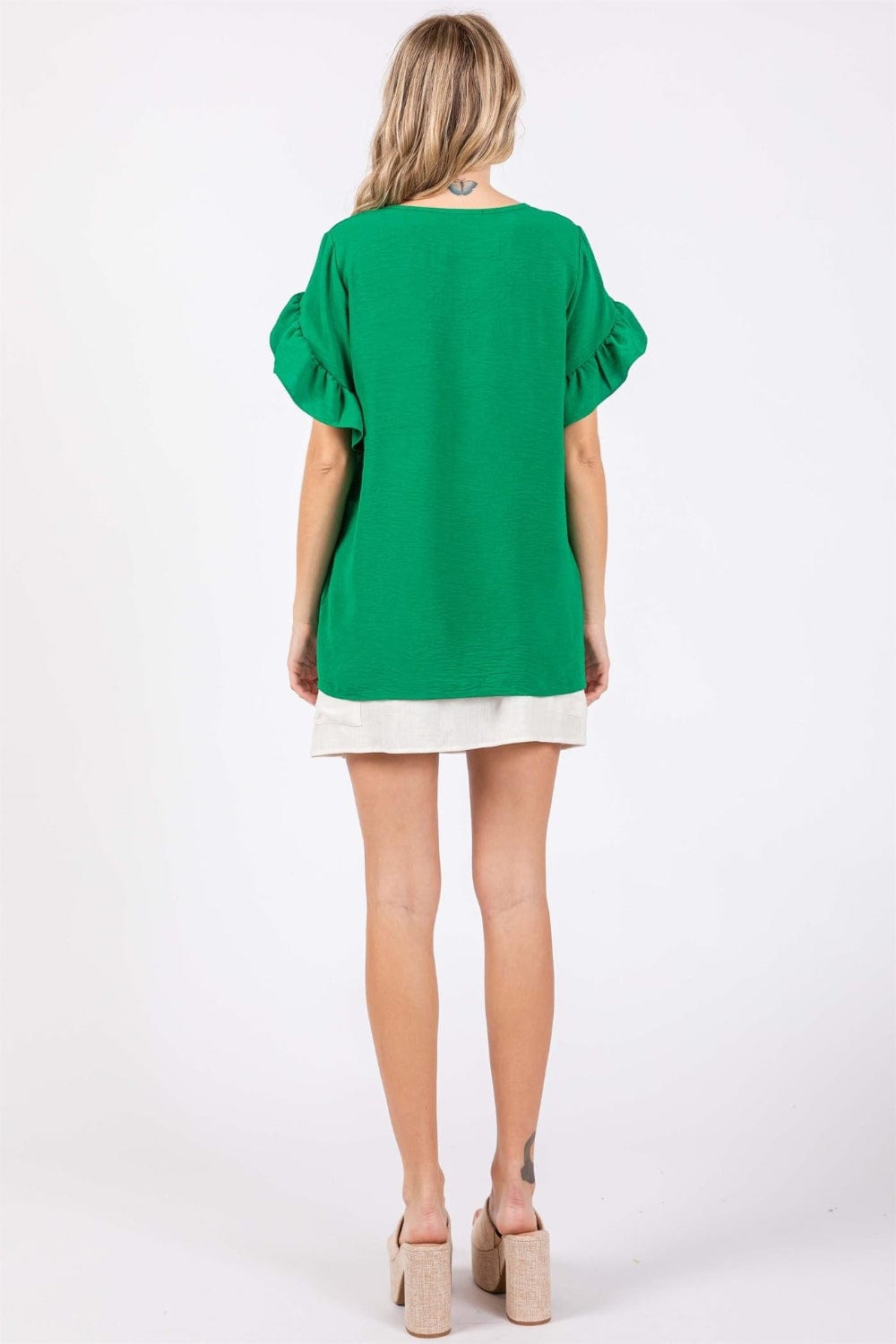 GeeGee Ruffled Short Sleeve V-Neck Blouse - Trendsi