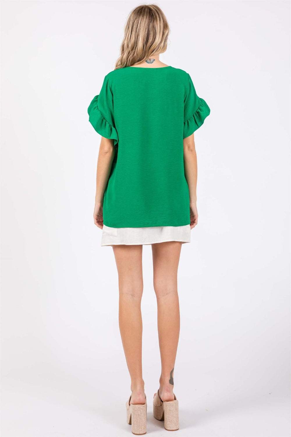 GeeGee Ruffled Short Sleeve V-Neck Blouse - Trendsi - Flyclothing LLC
