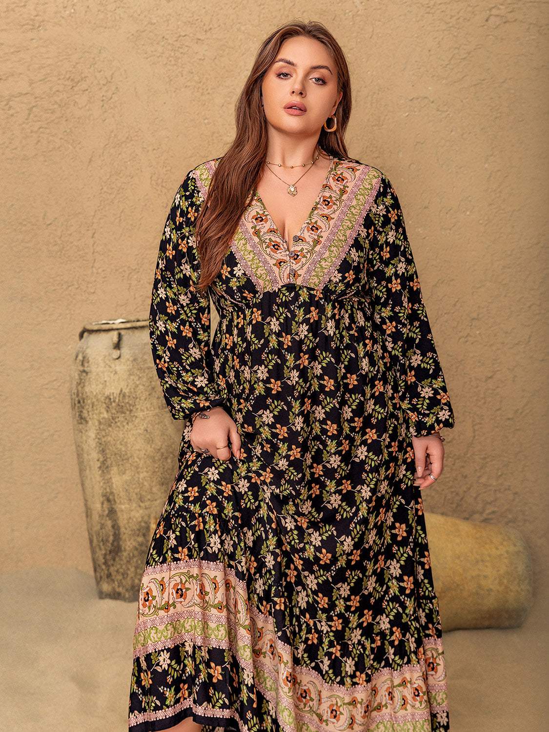 Plus Size Floral V-Neck Balloon Sleeve Dress - Trendsi - Flyclothing LLC
