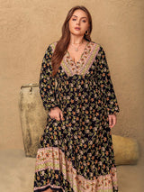 Plus Size Floral V-Neck Balloon Sleeve Dress - Trendsi - Flyclothing LLC