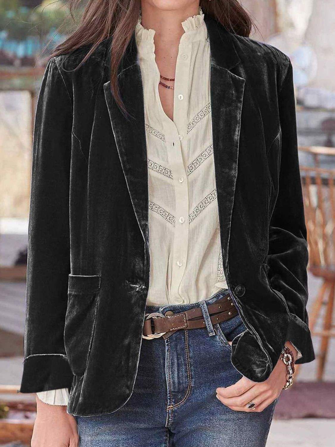 Pocketed Button Up Lapel Collar Blazer - Trendsi - Flyclothing LLC