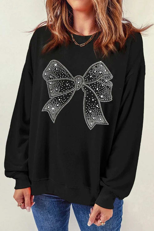 Rhinestone Bow Round Neck Long Sleeve Sweatshirt - Trendsi - Flyclothing LLC
