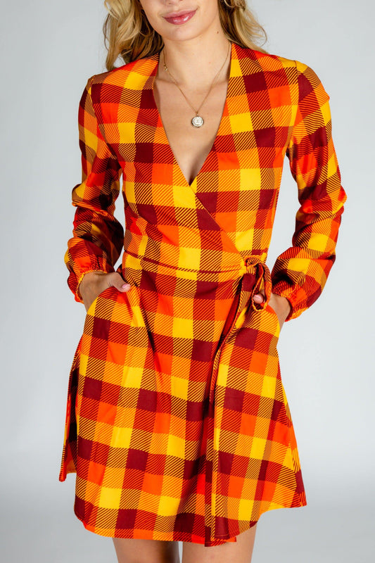 That 70s Dress | Thanksgiving Plaid Wrap Dress - Shinesty