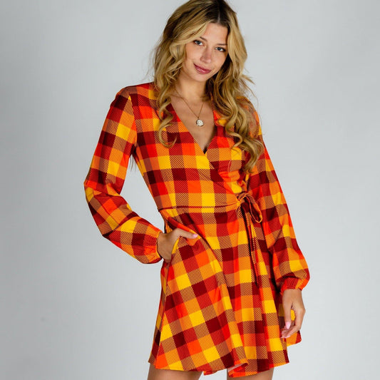 That 70s Dress | Thanksgiving Plaid Wrap Dress - Shinesty